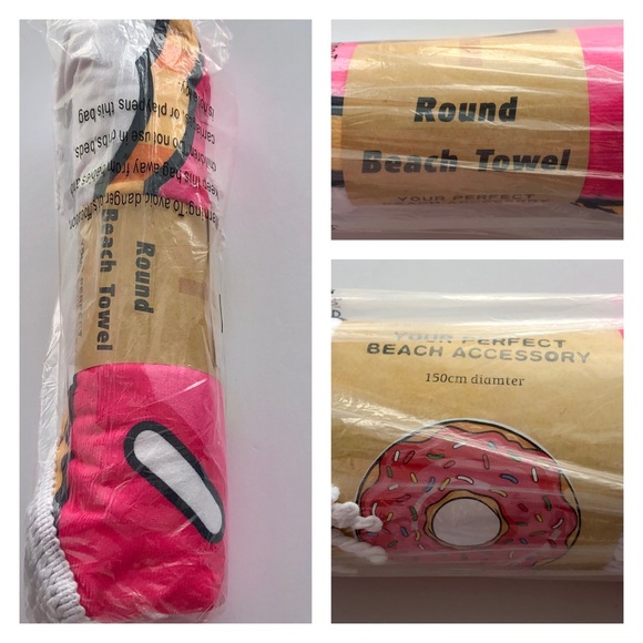 Pink Multi Donut Round Fringe Beach Towel NIP - Picture 5 of 5